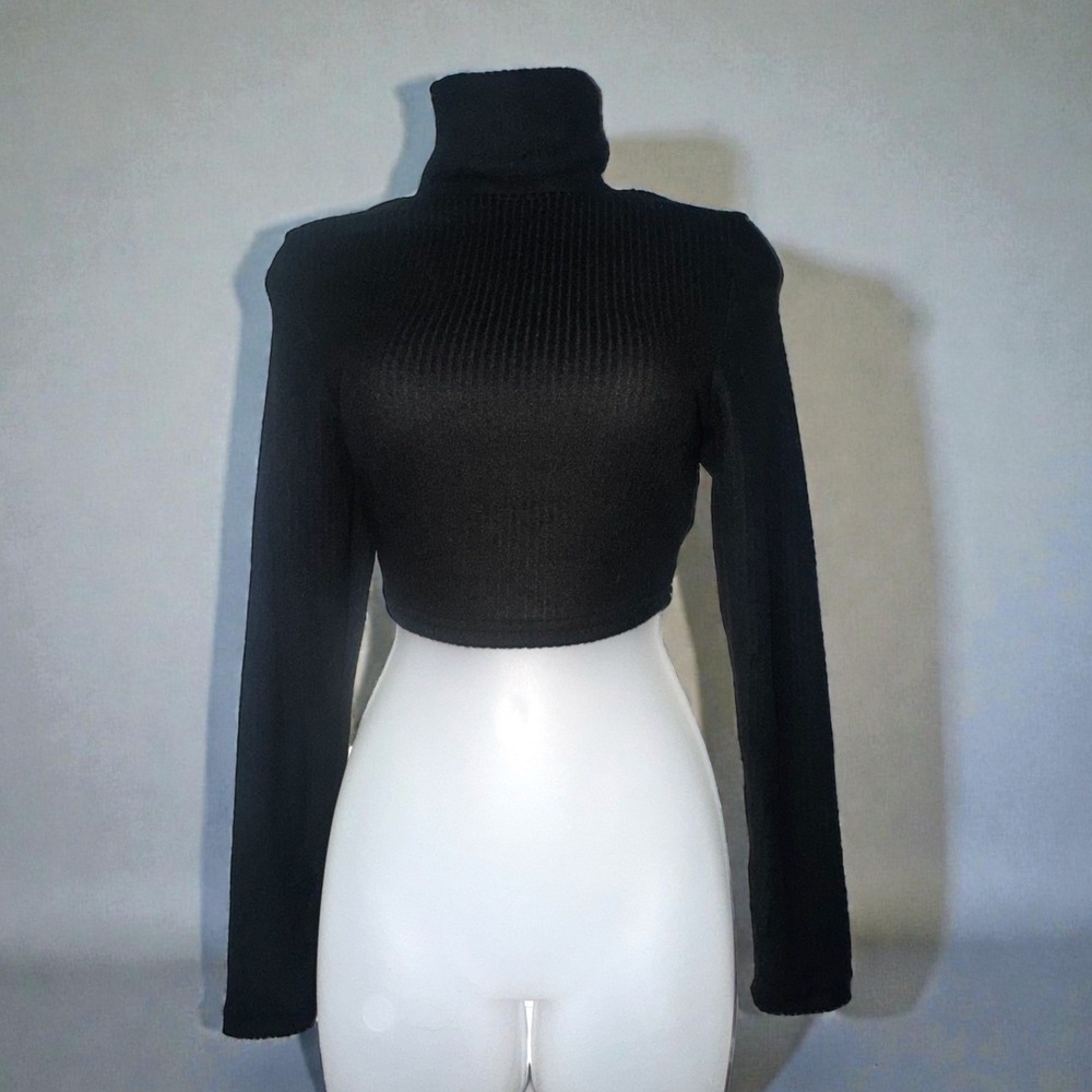 New‎ Small Ribbed Turtleneck Cropped Sweater Long Sleeve Knit Top Black Basic